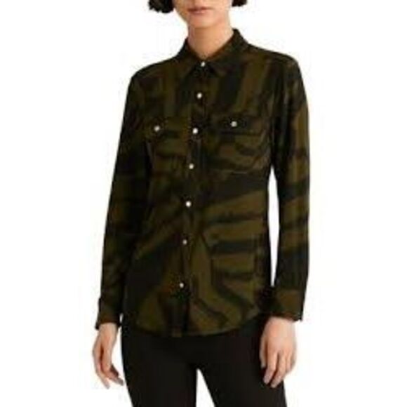 Lauren Ralph Lauren Farm Olive Zebra Print Stretch Jersey Shirt Size 2X NWT - Picture 1 of 13